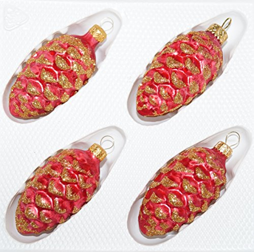 4 TLG. Glas-Tannenzapfen Set in Ice Rot Gold - Christbaumkugeln - Weihnachtsschmuck-Christbaumschmuck