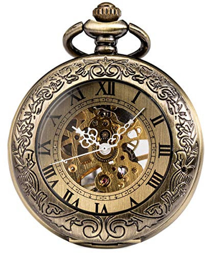 ManChDa® Mens Pocket Watch Special Magnifier Mechanical Wind Up Half Hunter Roman Numerals Antique Fob Watch with Chain + Gift Box