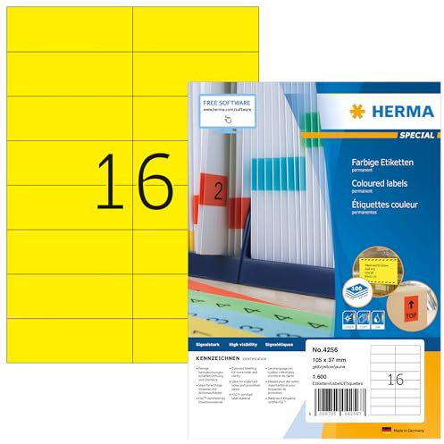 HERMA 4256 Farbige Etiketten gelb, 100 Blatt, 105 x 37 mm, 16 pro A4 Bogen, 1600 Stück, selbstklebend, bedruckbar, matt, blanko Papier Farbetiketten Aufkleber