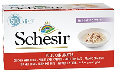 Schesir Cat Natural kycklingfilet med anka, kattfoder vått, 8 x 6 burkar x 50 g