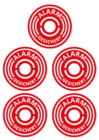 iSecur 5er Set Alarmgesichert Aufkleber rund Ø 4 cm innen - hin462 | Alarmanlage Hinweis für Fenster Scheibe Tür Gebäude und Objekt, hinter Glas verklebbar, Druck außen sichtbar, UV-beständig