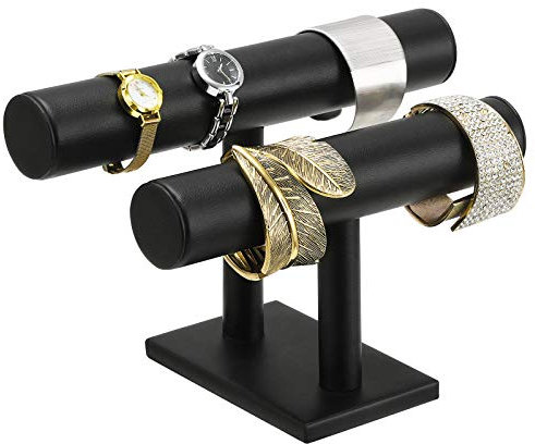 SONGMICS Schmuckständer, Schmuckhalter mit 2 Rollen, Armbandständer, Armbandrollen, Uhrenständer, Ketten, Kunstleder, Geschenk, schwarz JDS102