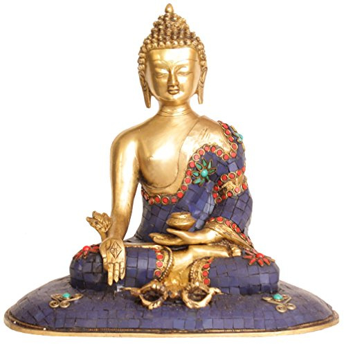 Exotic India Lapis curación de Buda con Dorje y la celebración de Frutas y Hojas de Myrobalan Planta – Estatua de latón