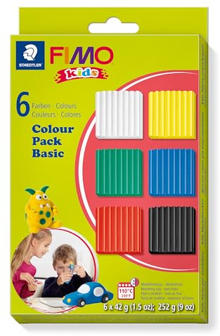 STAEDTLER 8032 01 - Fimo kids Materialpackung Colour Pack, basic, 6 x 42 g | Ofenhärtend, besonders weich & formbar – fördert Kreativität, Kinder – Art.-Nr. 8032 01