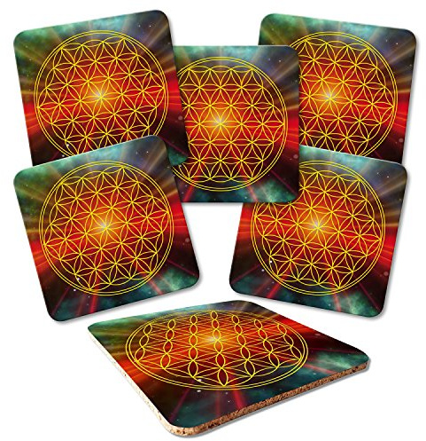 ADDIES Dessous de Plat 6 pièces Set Fleur de Vie en Verre de qualité boîte Cadeau Transparente et Dos en liège, rectangulaire, Motifs de 17