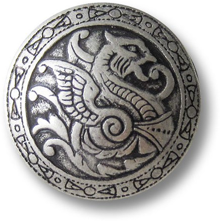 6er-Set altertümlich wirkende leicht gewölbte Metall Ösen Knöpfe mit Drachen Motiv/altsilberfarben, geschwärzt/Metallknöpfe/Ø ca. 18mm