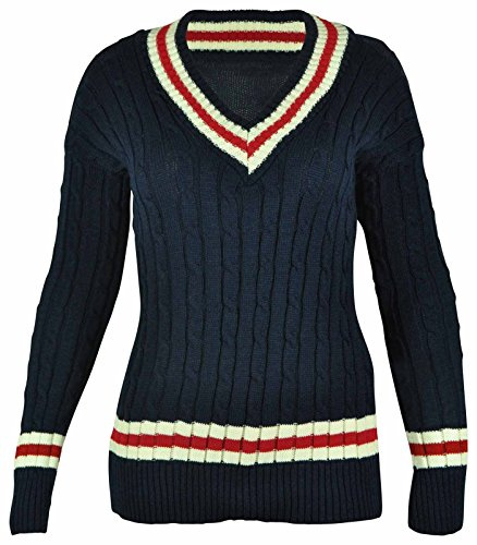 New Ladies V Neck Cable Knitted Cricket Jumper Womens Stretch Long Sleeve Stripe Top