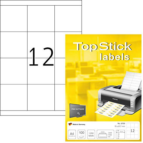 TopStick 8709 Universal Etiketten, 100 Blatt, 70 x 67,7 mm, 12 pro A4 Bogen, 1200 Stück, selbstklebend, bedruckbar, matt, blanko Papier Klebeetiketten Aufkleber, weiß