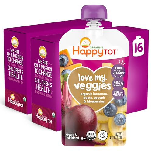 Happy Tot Organics Love My Veggies Stage 4, Banana, Beet Squash & Blueberry, 4.22 Ounce Pouch (Pack of 16) packaging may vary