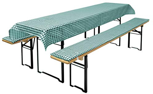 Brandsseller Auflagenset für Bierzeltgarnituren 3-teilig 2 Bankauflagen gepolstert 110x25 cm und 1 Tischdecke 130x70 cm für alle gängigen Festzeltgarnituren Bierbankauflagen Outdoor - Grün Kariert