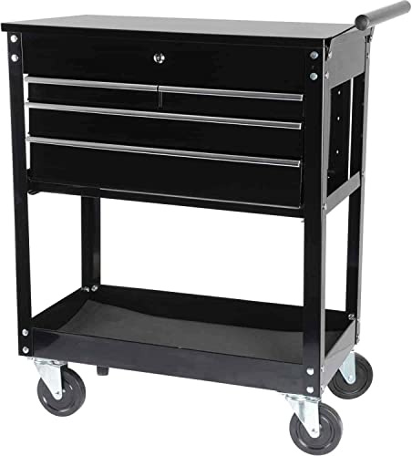 JEGS Rolling Tool Box Cart with Drawers - 4 Ball-Bearing Glided Drawers - 16-Gauge Steel - 580 LBS Total Capacity - Black Powder Coat Finish Toolbox on Wheels