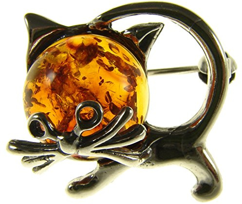BALTIC AMBER AND STERLING SILVER 925 DESIGNER COGNAC CAT KITTEN ANIMAL BROOCH PIN JEWELLERY JEWELRY