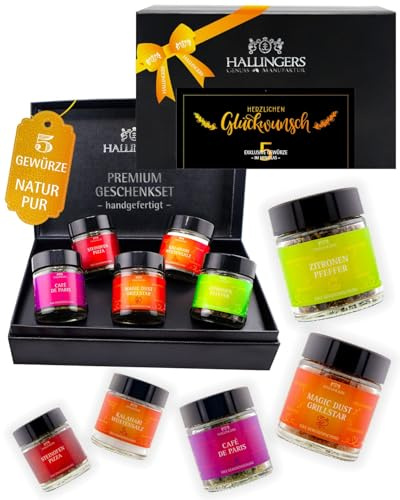 Hallingers Genuss Manufaktur Gewürz Glückwunsch-Geschenk-Set - 5 Gewürze aus aller Welt in wertiger Geschenkbox mit Rezept-Booklet Herzlichen Glüc..., Geschenkidee für Frauen Männer