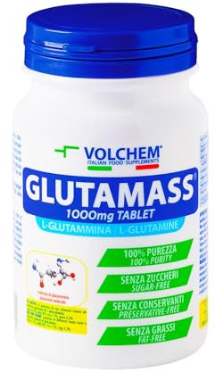 Volchem Glutamass Tablet, Integratore Alimentare con L-Glutammina in Forma Libera, 100% Purezza, Recupero di Sforzi Intensi, Senza Grassi, Conservanti e Zuccheri, 120 Compresse