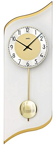 AMS Reloj de péndulo 7437 para salón, reloj de pared de cristal curvado, con péndulo de metal, reloj decorativo