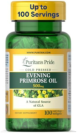 Puritan's Pride Cold Pressed Evening Primrose Oil 500 mg with GLA, Dietary Support Supplement for Womens and Skin Health, 100 Rapid Release Soft Gels