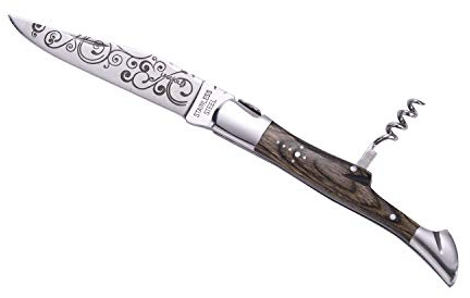 LAGUIOLE - Klappmesser und Korkenzieher - bedruckte Klinge Tattoo aus Edelstahl, braunes Pakkaholz - Multifunktionsmesser - Geschenkbox - -