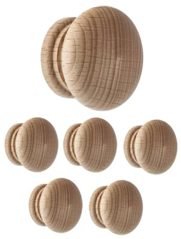 Merriway BH03820 (6 Pcs) 35mm (1.3/8 inch) Wooden Unlacquered Beech Door Cupboard Drawer Knobs, Drilled for Woodscrew/Dowel Screw - Pack of 6 Pieces