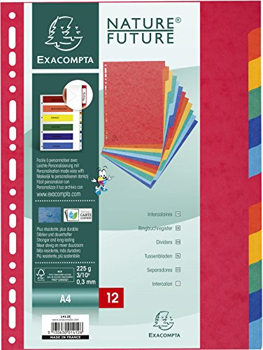 Exacompta - Réf. 1412E - Intercalaires en véritable carte lustrée souple 225g/m2 FSC® avec 12 onglets neutres - Format à classer A4 - Dimensions 22,5 x 29,7 cm - couleurs assorties