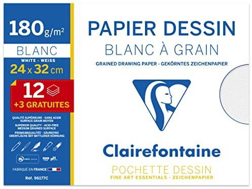 Clairefontaine 96177C - Packung mit 12+3 Blatt gekörntes Zeichenpapier, DIN A4+ 24x32cm 180g, geeignet für Trocken- und Nasstechniken, Weiß, 1 Pack