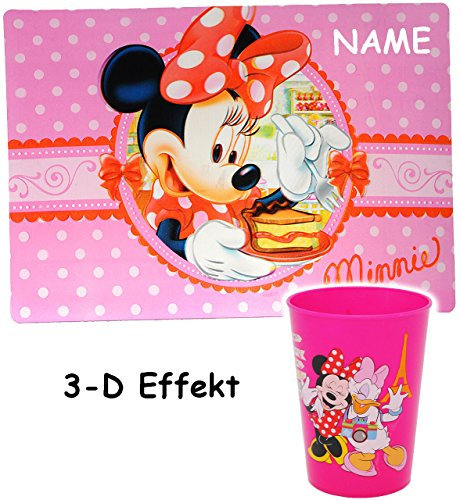 alles-meine.de GmbH 2 TLG. Set 3-D Effekt__ Unterlage & Trinkbecher - Minnie Maus - incl. Name - als Tischunterlage/Platzdeckchen/Malunterlage/Knetunterlage/Eßunte..