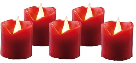 hellum LED Wachskerze 6 Stück, Ø 5cm x 5cm hoch, LED Kerzen rot mit flackernde Flamme, Kerzen mit Batterien (6x CR2032 inkl.), Weihnachtsbeleuchtung Deko, Echtwachs 572117