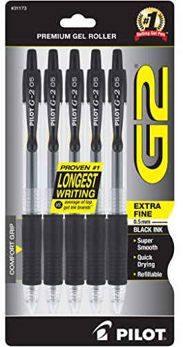 PILOT G2 Premium Refillable and Retractable Rolling Ball Gel Pens, Extra Fine Point, Black Ink, 5-Pack (31173)