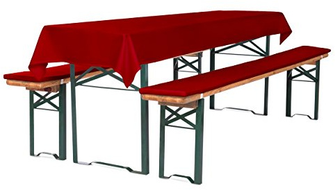 TexDeko® Bierbankauflage gepolstert Auflagenset 220x25x2cm waschbar mit Reißverschluss hochwertige Polsterung 3TLG Set blickdichte Tischdecke 250x100cm (Rot)