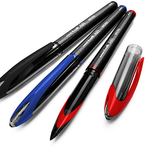 uni-ball AIR Micro - 0.5mm Fine Rollerball - 3 Pack - Black, Blue, and Red - UBA-188-M