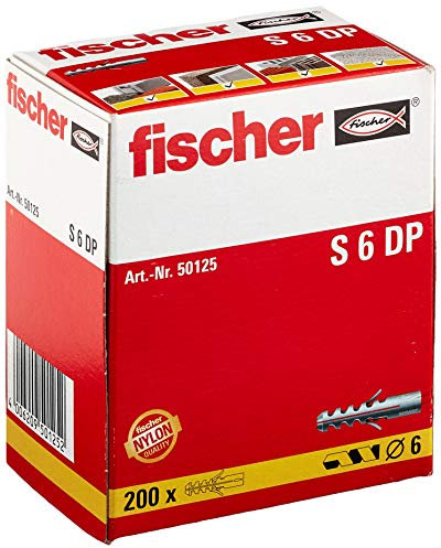 fischer Spreizdübel S 6 im Doppelpack, mit 2-fach-Spreizung zum Befestigen von Bildern, Briefkästen, Leuchten, uvm. in Beton, Vollziegel und Naturstein, 200 Stück