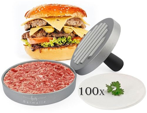 Belmalia Burgerpresse 100 Blatt Backpapier für perfekte Burger, Hamburger, Cheeseburger, Frikadellen, Patties, Presse, Grill, antihaftbeschichtet, 11 cm