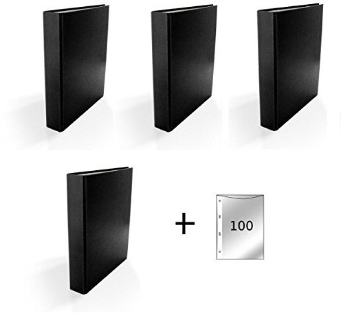 4x Ringbuch / DIN A5 / 2-Ring Ordner / Farbe: schwarz + 100 Prospekthüllen