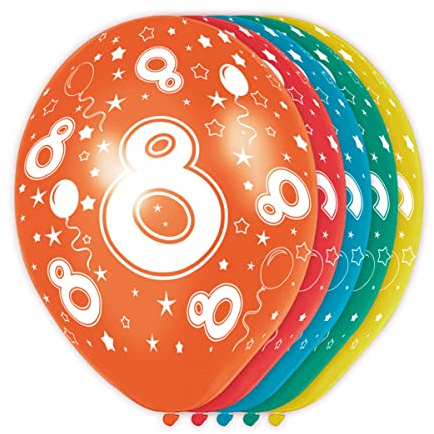 Folat - 8 Año Helio Adecuado Metálico Globos para Fiesta Decoración - Multicolor - 12In/30cm - 5 piezas