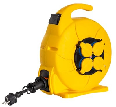 LEDKIA LIGHTING - Enrouleur Automatique 15m | IP44 Extérieur/Intérieur | Sécurité Enfants | Protection | 4 Prises Type German Socket, Jaune, PVC