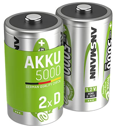 ANSMANN 2x Batterie ricaricabili stilo Mono D - 5000 mAh 1,2 V NiMH - Pila a ricarica veloce - fino a 1000 cicli di ricarica eco-friendly