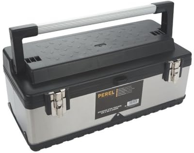 Perel Werkzeugkasten, Edelstahl, Aluminiumgriff, herausnehmbarer Werkzeugträger, Metallverschlüsse, 590 x 280 x 255 mm
