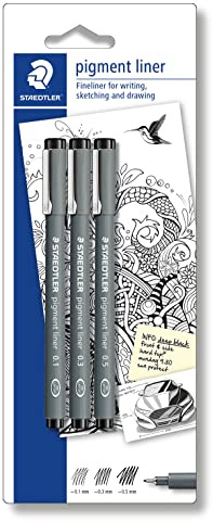 Staedtler Pigment Liner - Penne Nere Con Inchiostro ad Asciugatura Rapida, Punta Fine per Disegno Tecnico e Scrittura, Set Indelebile per Cancelleria Scuola Università Ufficio, 3 Pz