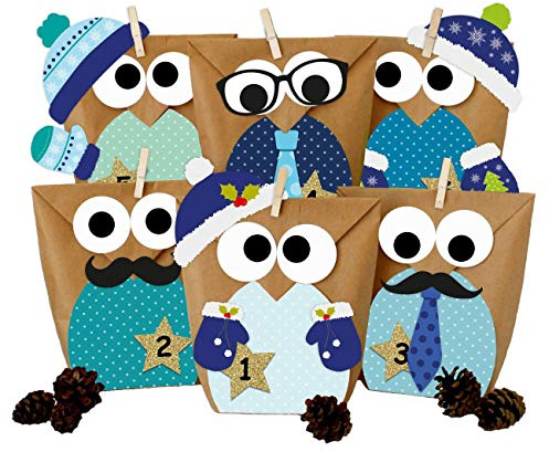 Papierdrachen Adventskalender 2025 zum Befüllen - 24 blaue Eulen-Tüten im Winterdesign - DIY Set mit Aufklebern zum Basteln für Kinder