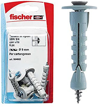Fischer 6x Tasselli cartongesso SBN 9/4 K con vite, Universali per Il Fissaggio di Lampade, Specchi, Accessori su Lastre in Cartongesso e Pannelli in Legno