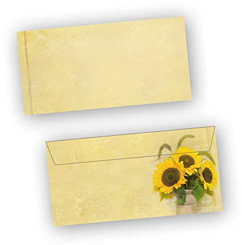 Briefumschläge Sonnenblumen (50 Stück) beidseitig bedruckte DIN lang Umschläge gelb
