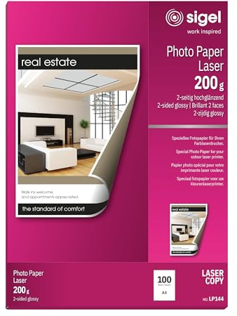 SIGEL Fotopapier A4 für Laserdrucker Kopierer 100 Blatt 200 g | LP144, Glänzende Oberfläche für hochwertige Fotos und Grafiken