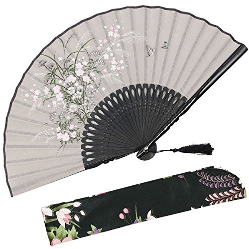 OMyTea - 'Grassflower', Faltbarer Handfächer für Frauen. Japanischer/Chinesischer Retrostil. Mit Schutzbeutel aus Stoff. grau