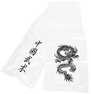 ShenLong Cinturón de Kung Fu Dragón Bordado, Seda Imitación - Blanco