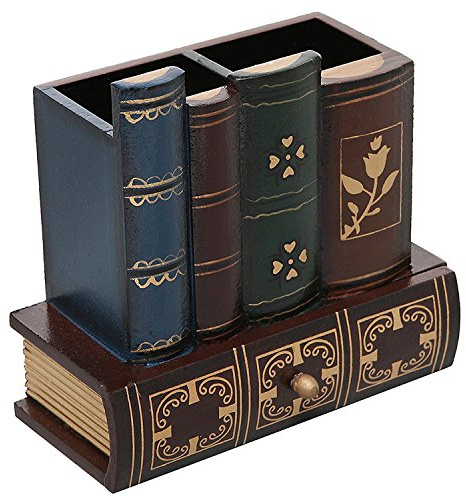 MyGift Decorative Desk Organizer Caddy, Pencil and Pen Holder with Bottom Storage Drawer and Antique Library Books Design