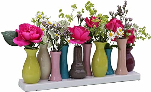 Jinfa Vasen Set - 10 kleine Blumenvasen bunt auf Sockel - Minivasen aus Keramik Deko Vasenset für Tischdeko - Moderne Miniatur Keramikvasen Ensemble für einzelne Blumen.