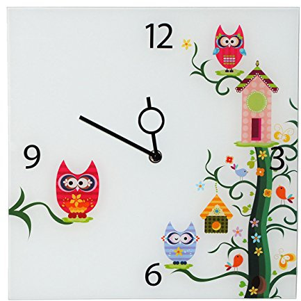 alles-meine.de GmbH Wanduhr aus Glas - Eule auf AST - 100% LAUTLOS - 30 cm Uhr - groß - für Kinderzimmer Kinderuhr - Analog Jungen- leise/Mädchen Kinder/Erwachsene - Eulen B..