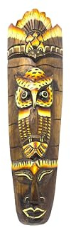 Woru Wandmaske Eule Holz 50 cm handbemalt Federkrone | Handgeschnitzte und bemalte Wandmaske aus Albesia-Holz, 50 cm, Eulenfigur mit Federkrone, Einzelstück