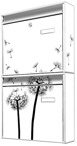 banjado Briefkastenanlage 2 Fach - 2 Briefkästen 36x64x10cm groß - Doppelbriefkasten Set - Namensschild, 2 Schlüssel, Montagematerial - Stahl verzinkt weiß - Motiv Pusteblume 2