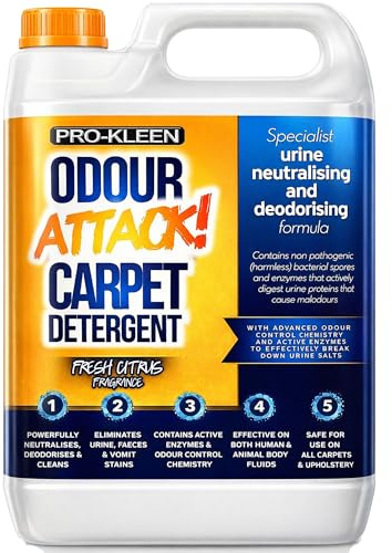 Pro-Kleen Odour Attack Pet Carpet Cleaner Shampoo Citrus 5L Contains Active Enzymes to Digest Urine Proteins, Faeces, Vomit Stains, Neutralises Deodorises, Suitable for All Carpet,