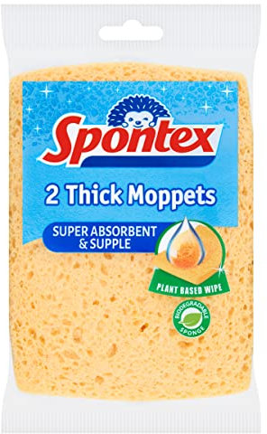 Spontex 2 Thick Sponge Moppets | 16 x 12cm | Super Absorbent & Supple Plant-Based Cleaning Sponges